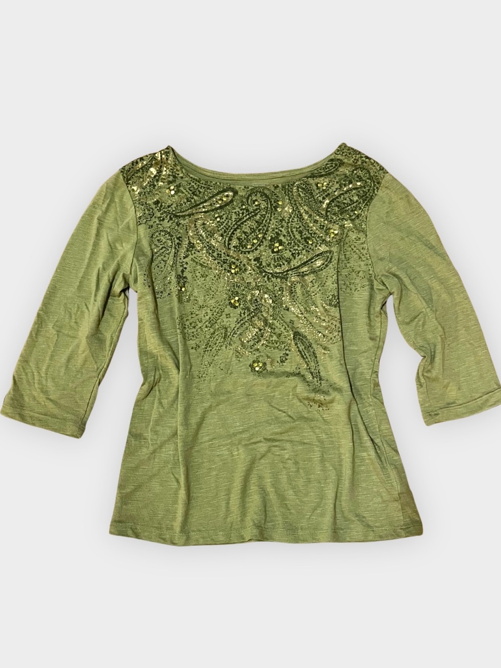 Vintage White Stag Embellished Paisley Boho Top Sage Green Size S